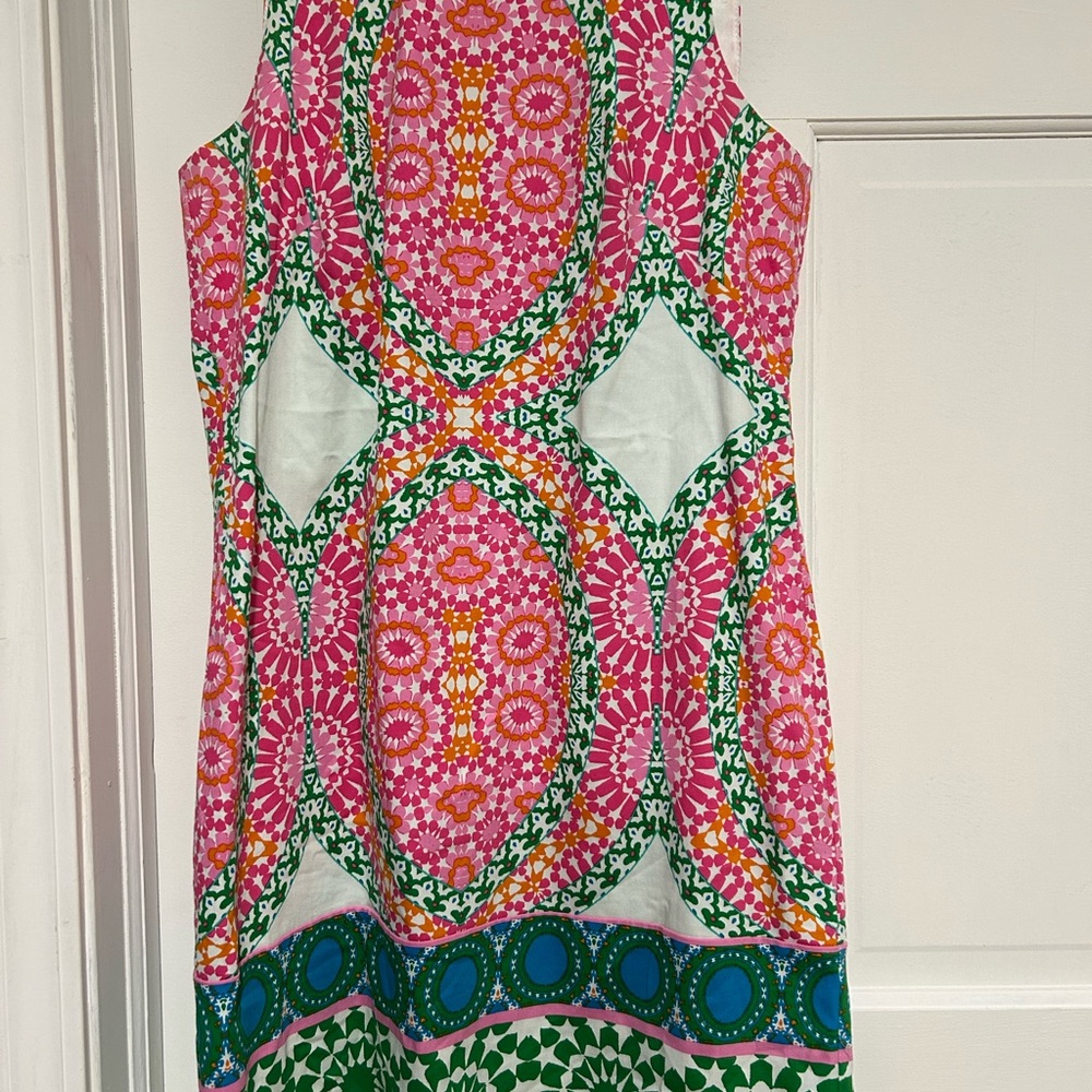London Times Pink and Green Floral Shift Dress with Bright Accents